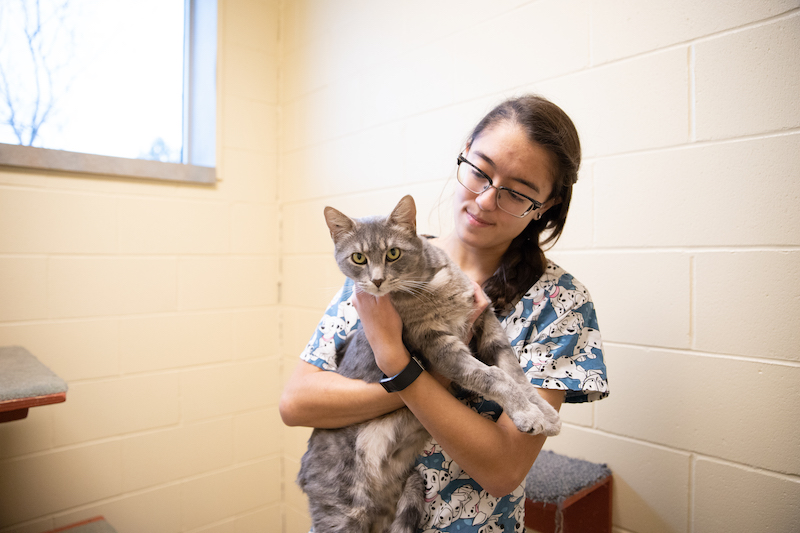 One student holding cat