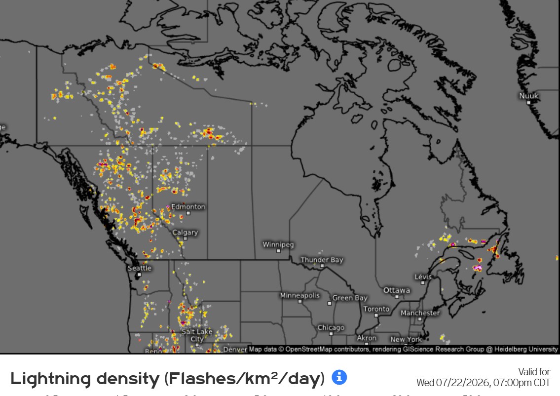 Figure 6. 12-hour lightning density forecast for July 22, 2026.